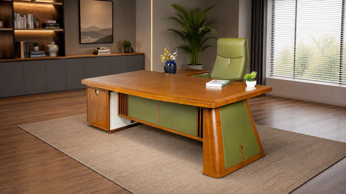 Alfa T-293 executive table in walnut with olive panels, and an olive chair