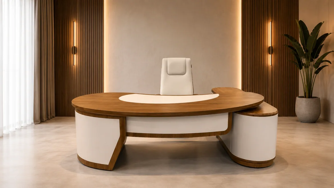 Alfa T-294 executive table with an oval walnut top on an ivory base, and an ivory chair