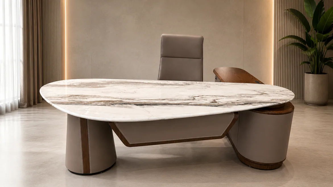 Alfa T-297 executive table with a marble top on a taupe base, and a taupe chair