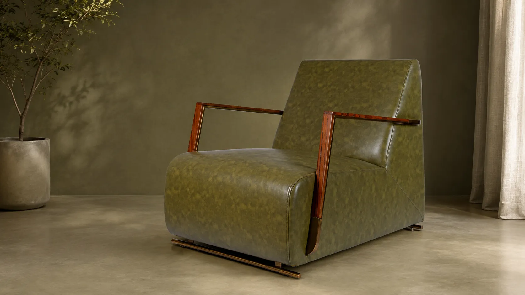 An olive-green leather lounge chair with wooden arms