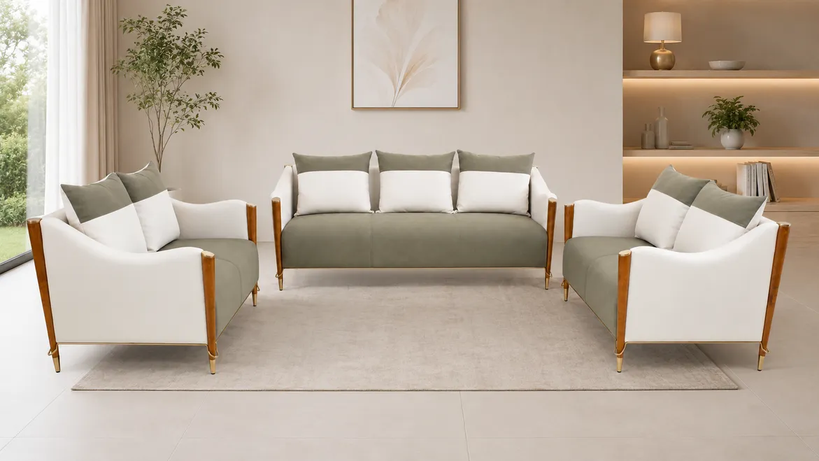 A sage-and-ivory sofa set in a living room