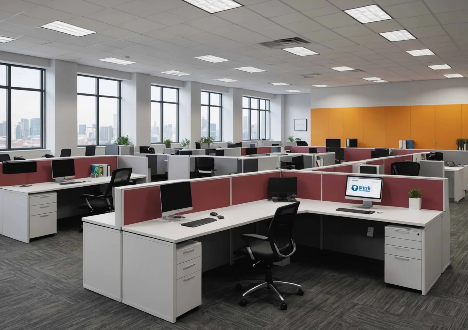 Rows of Mack workstations with partition screens in an open office